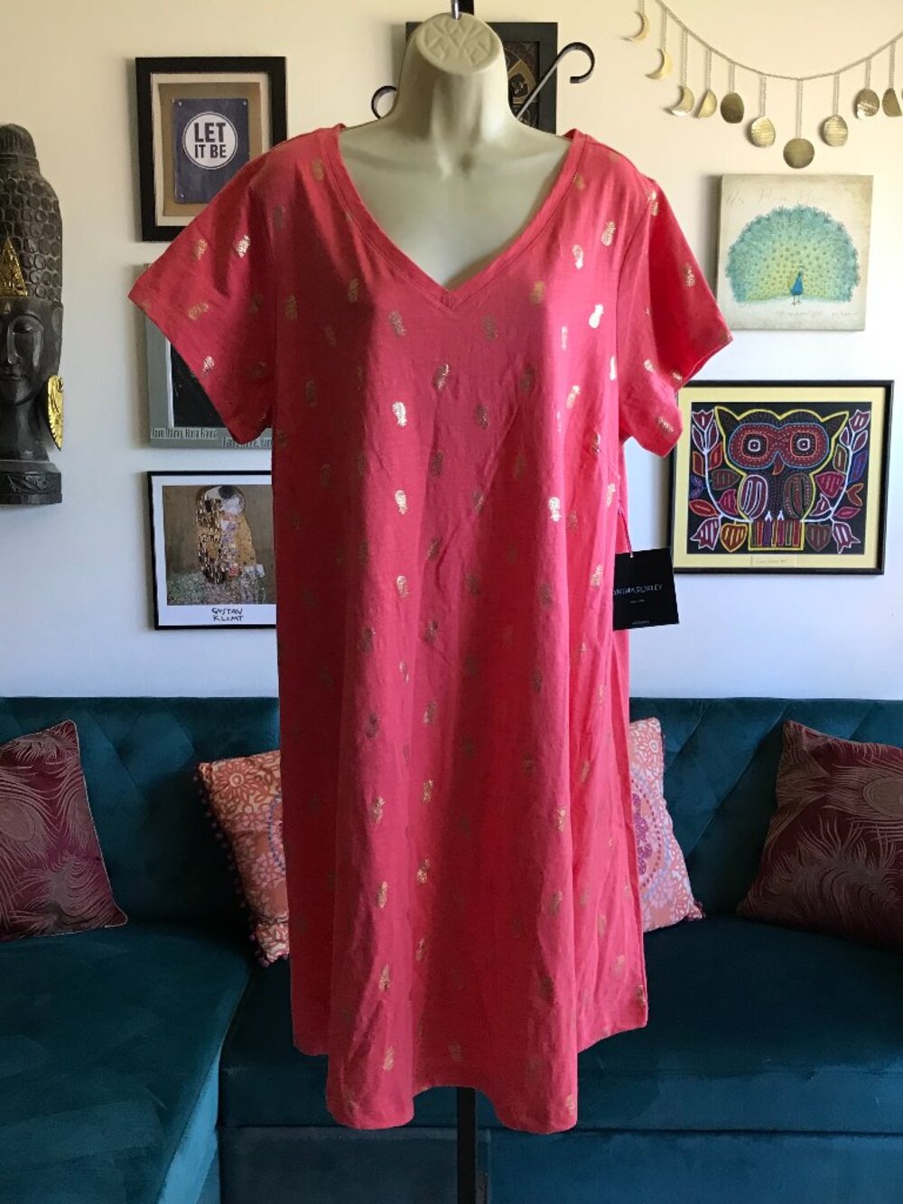 CYNTHIA ROWLEY size 1X Coral V-Neck Metallic Gold Pineapples T-Shirt Dress NWT